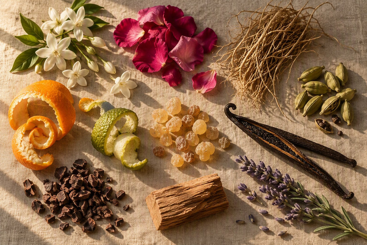 Jasmine, rose petals, vetiver root, cardamom, citrus peel, frankincense resin, vanilla and cacao laid out on linen.