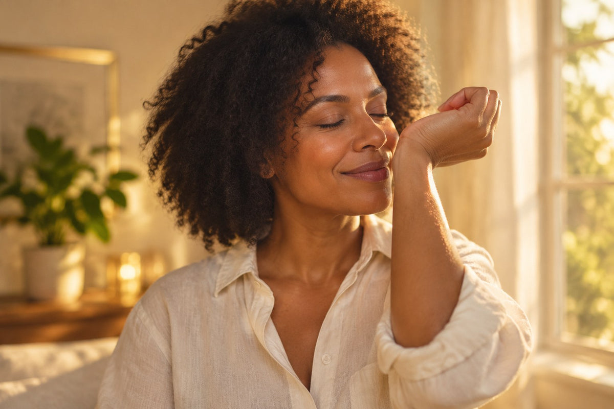 A woman by a sunlit window smiles with her eyes closed as she smells her wrist.