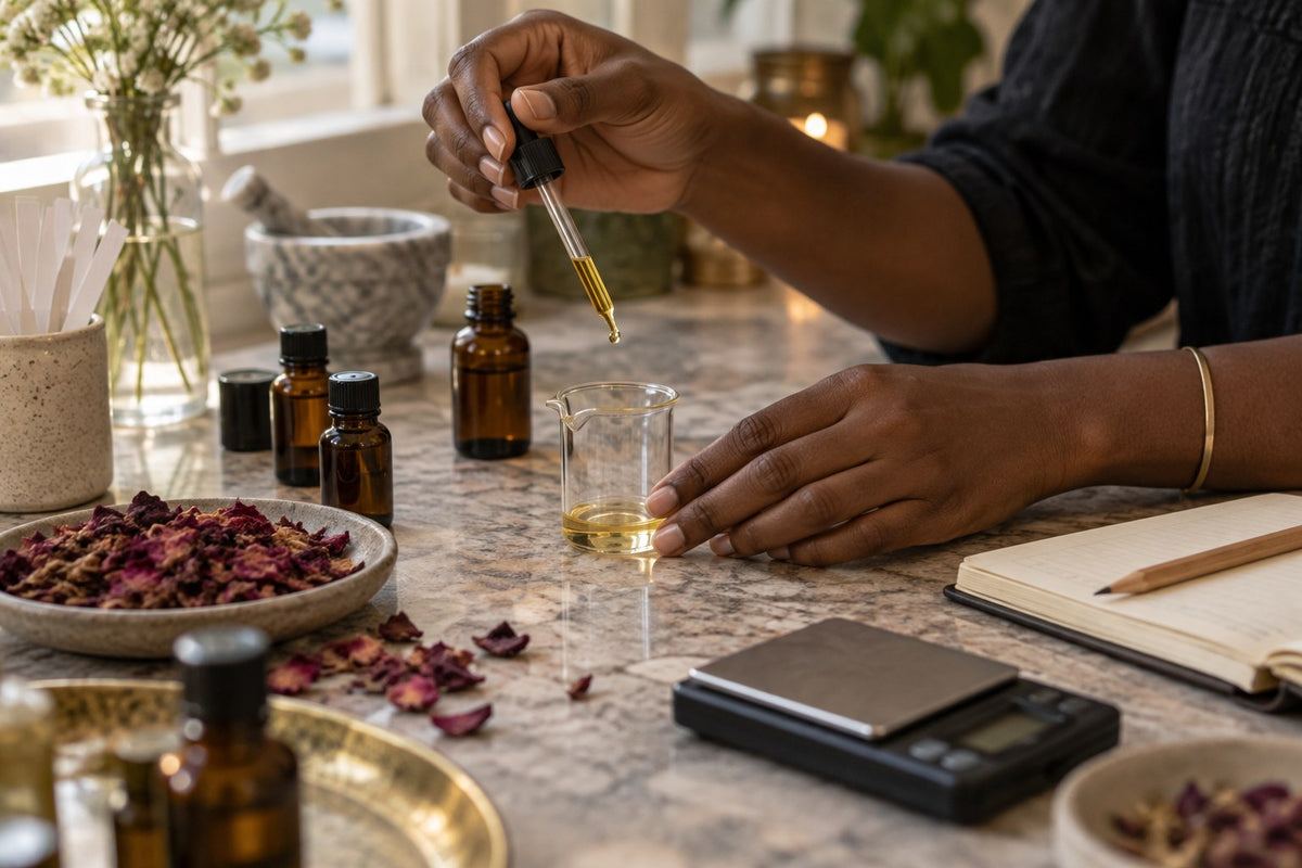 Hands add one drop of golden oil to a small glass beaker on a marble work surface.